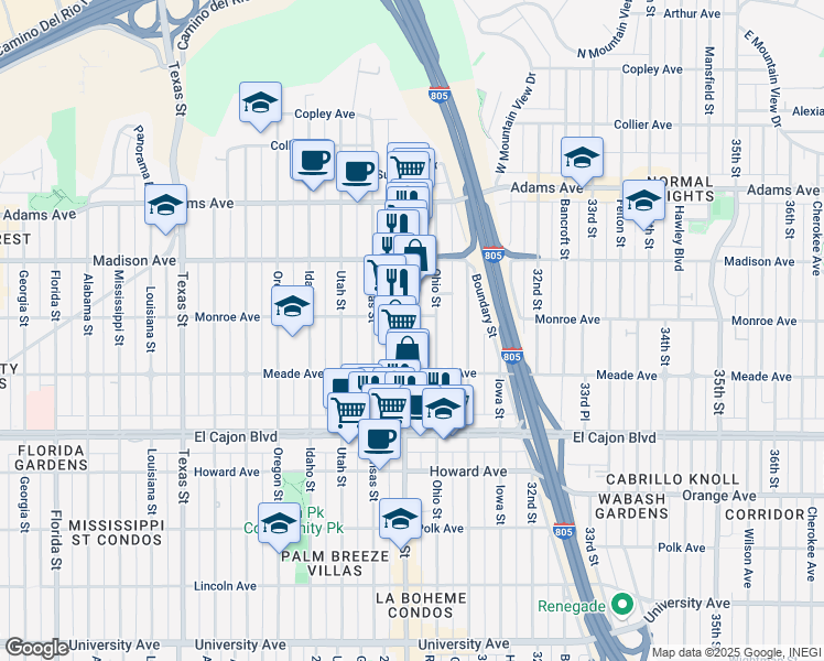 map of restaurants, bars, coffee shops, grocery stores, and more near 4464 30th Street in San Diego