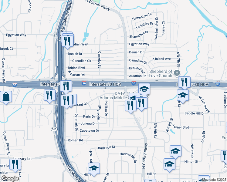 map of restaurants, bars, coffee shops, grocery stores, and more near 1302 West Tarrant Road in Grand Prairie
