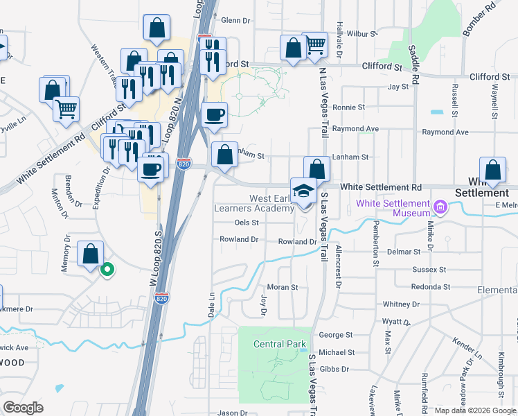 map of restaurants, bars, coffee shops, grocery stores, and more near 9105 Farmers Road in White Settlement