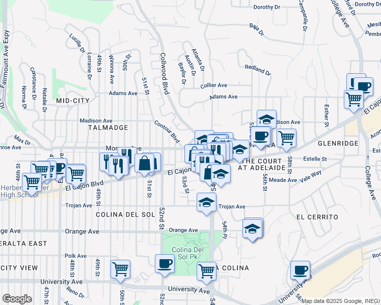 map of restaurants, bars, coffee shops, grocery stores, and more near 5275 Monroe Avenue in San Diego
