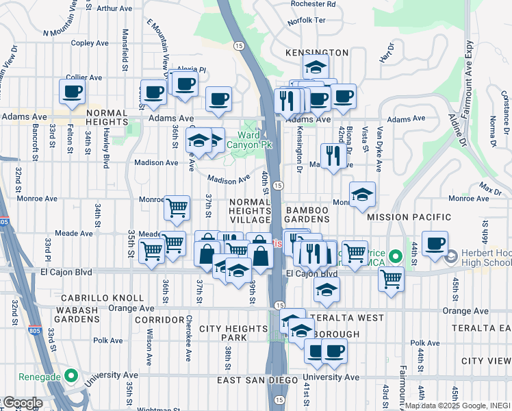 map of restaurants, bars, coffee shops, grocery stores, and more near 3909 Monroe Avenue in San Diego