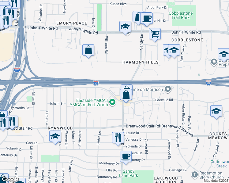 map of restaurants, bars, coffee shops, grocery stores, and more near 7301 Ederville Road in Fort Worth