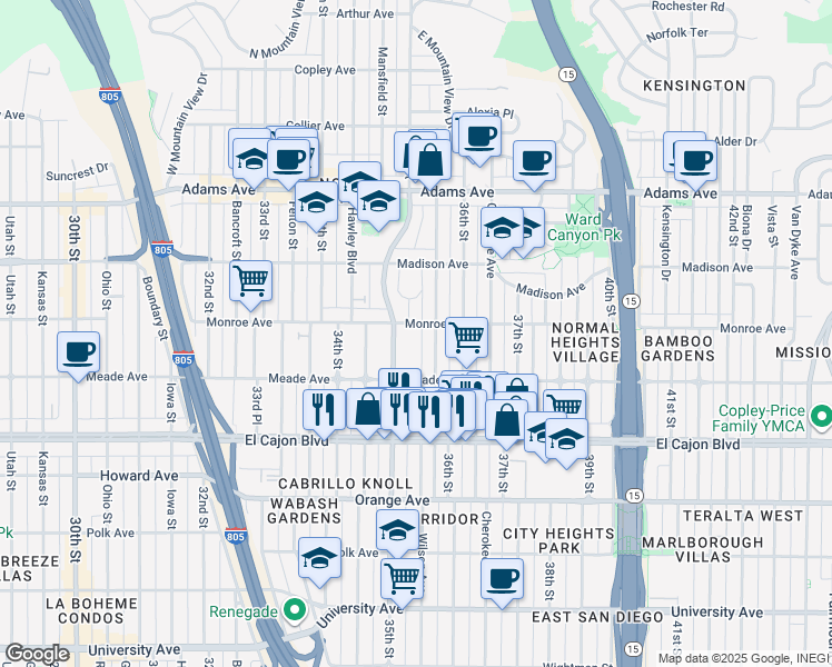 map of restaurants, bars, coffee shops, grocery stores, and more near 3535 Monroe Avenue in San Diego