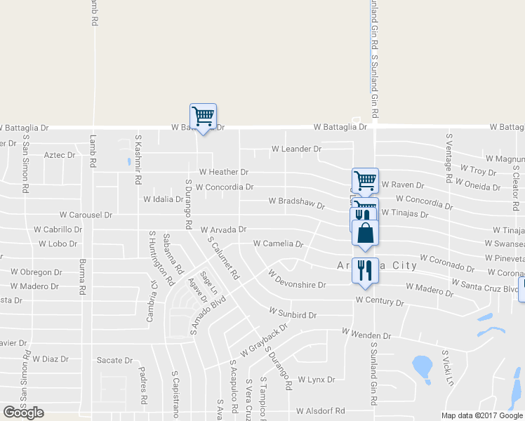 map of restaurants, bars, coffee shops, grocery stores, and more near 10260 West Carousel Drive in Arizona City