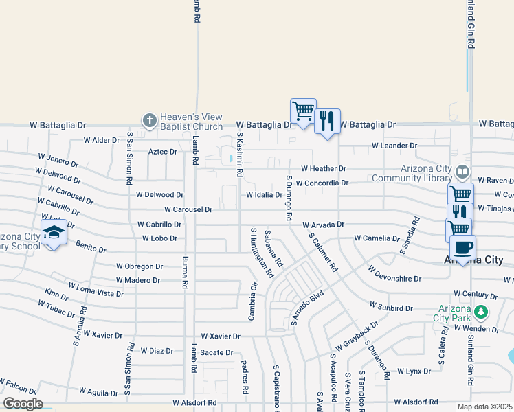map of restaurants, bars, coffee shops, grocery stores, and more near 10830 West Carousel Drive in Arizona City