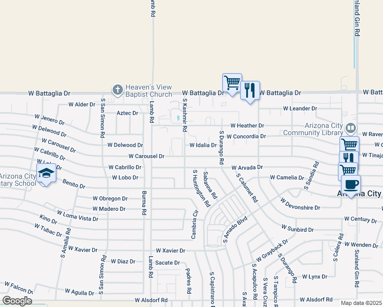 map of restaurants, bars, coffee shops, grocery stores, and more near 10948 West Carousel Drive in Arizona City