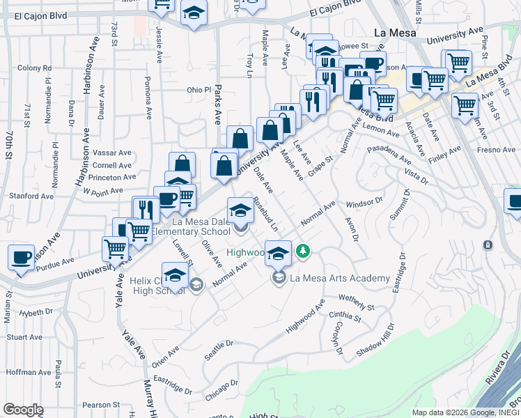 map of restaurants, bars, coffee shops, grocery stores, and more near 4406 Rosebud Lane in La Mesa
