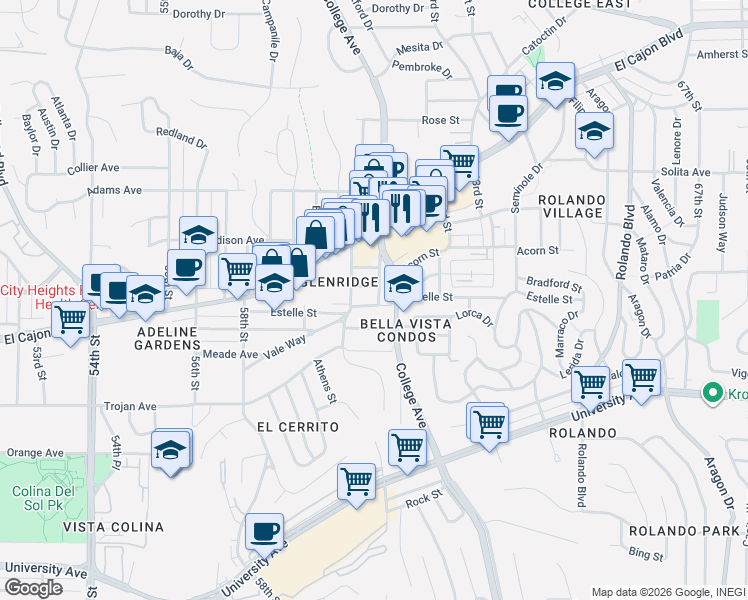 map of restaurants, bars, coffee shops, grocery stores, and more near 6026 Estelle Street in San Diego