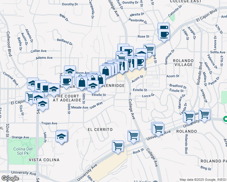 map of restaurants, bars, coffee shops, grocery stores, and more near 5954 Estelle Street in San Diego