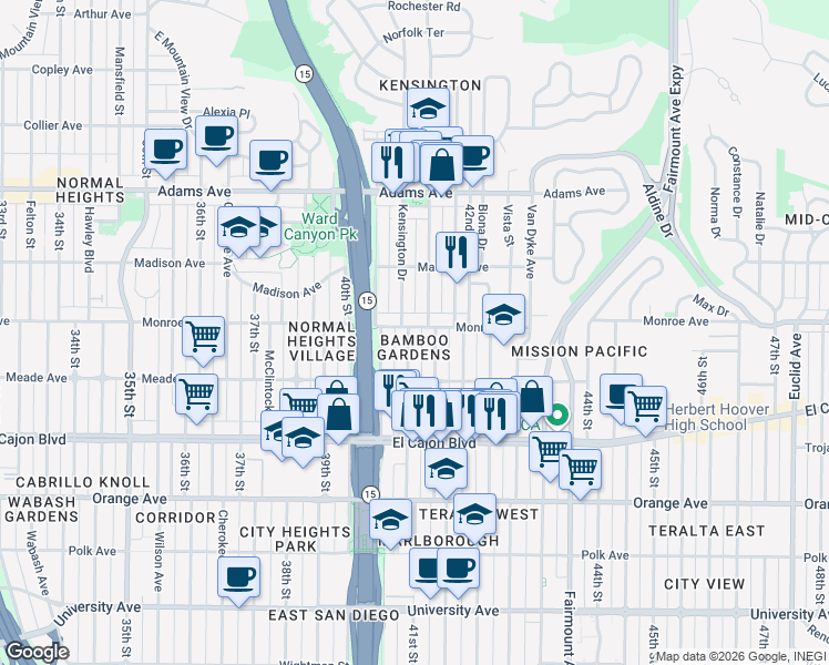 map of restaurants, bars, coffee shops, grocery stores, and more near 4476 Marlborough Avenue in San Diego