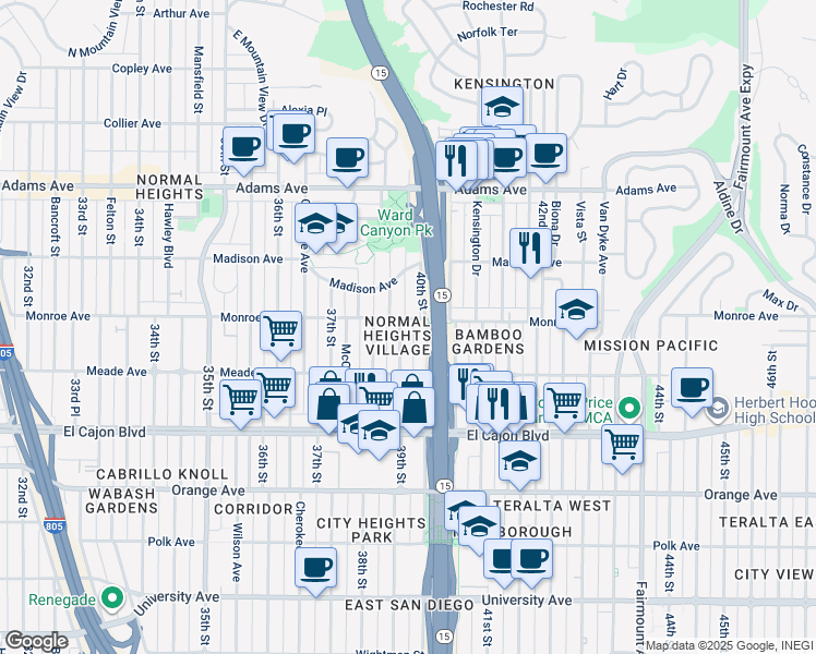 map of restaurants, bars, coffee shops, grocery stores, and more near 4478 40th Street in San Diego