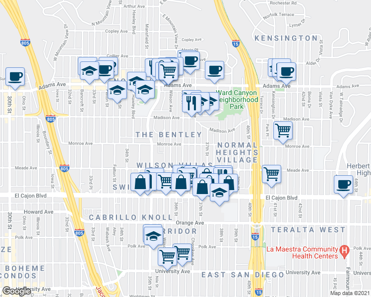 map of restaurants, bars, coffee shops, grocery stores, and more near 4468 36th Street in San Diego
