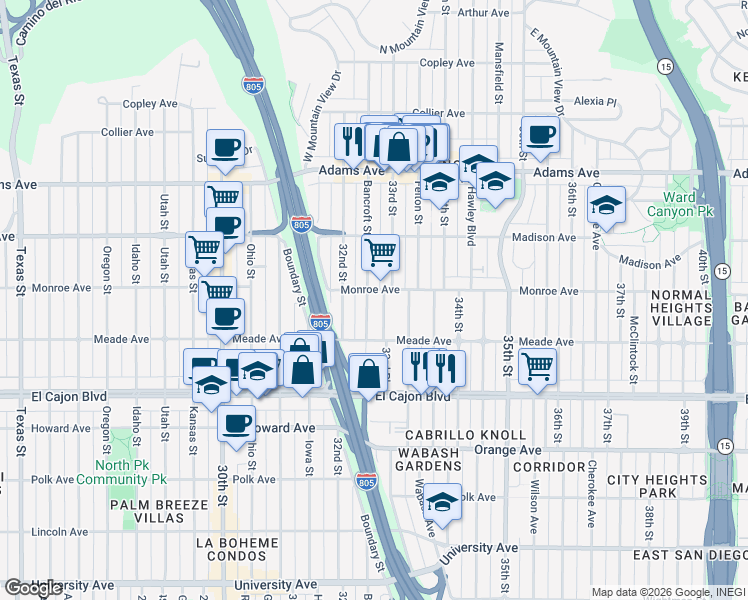 map of restaurants, bars, coffee shops, grocery stores, and more near 4465 33rd Place in San Diego
