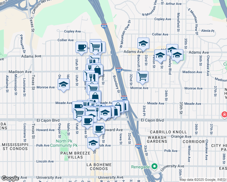 map of restaurants, bars, coffee shops, grocery stores, and more near 4457 Illinois Street in San Diego