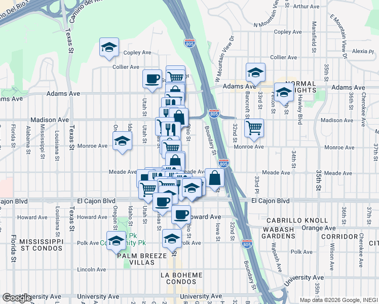 map of restaurants, bars, coffee shops, grocery stores, and more near 4459 Ohio Street in San Diego