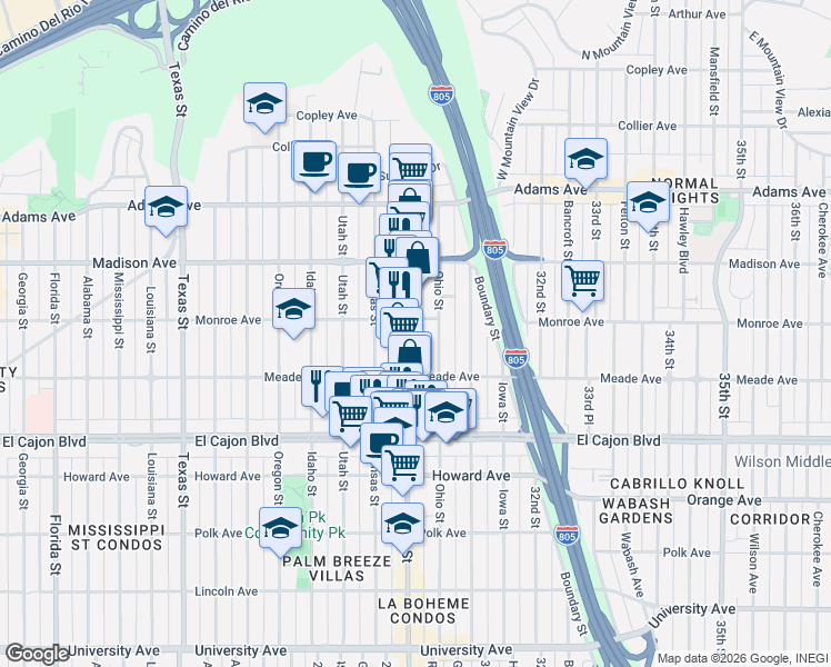 map of restaurants, bars, coffee shops, grocery stores, and more near 4464 30th Street in San Diego