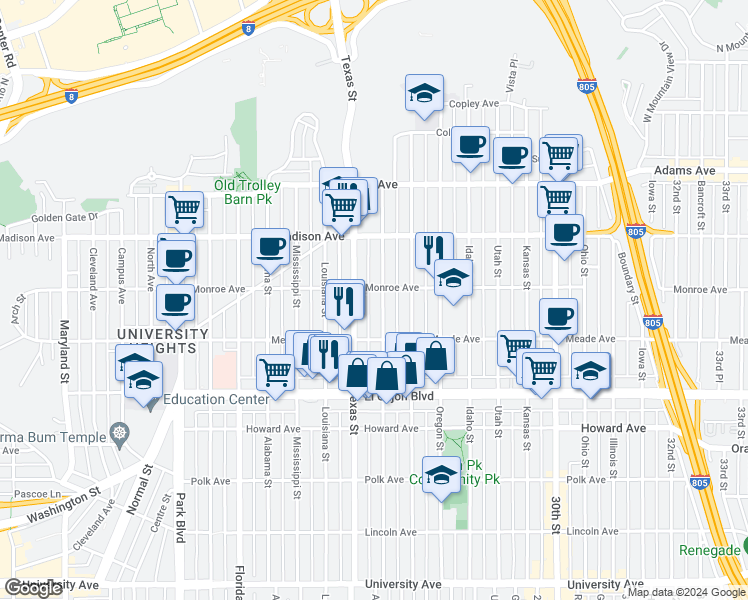map of restaurants, bars, coffee shops, grocery stores, and more near 4464 Arizona Street in San Diego