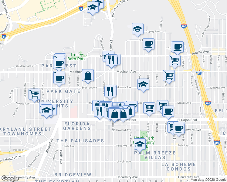 map of restaurants, bars, coffee shops, grocery stores, and more near 4470 Texas Street in San Diego