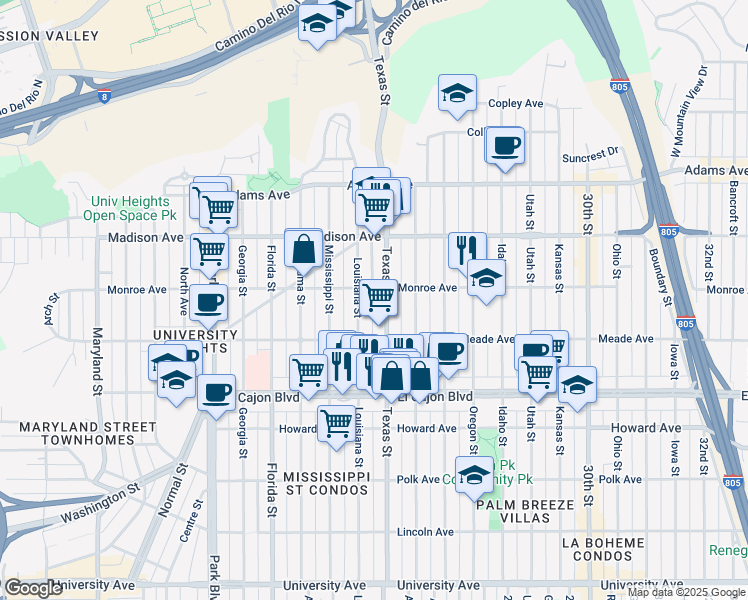 map of restaurants, bars, coffee shops, grocery stores, and more near 4470 Texas Street in San Diego