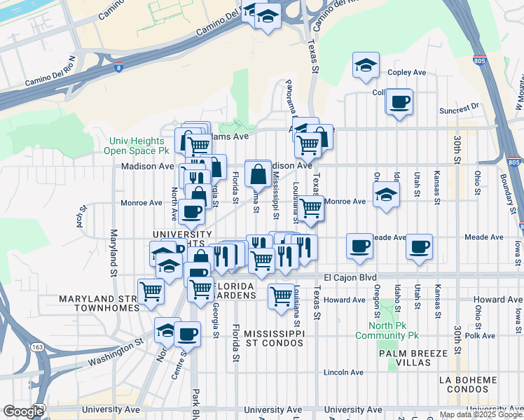 map of restaurants, bars, coffee shops, grocery stores, and more near 4468 Alabama Street in San Diego