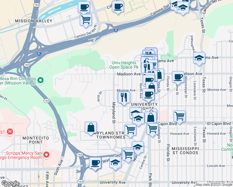 map of restaurants, bars, coffee shops, grocery stores, and more near 4472 Maryland Street in San Diego