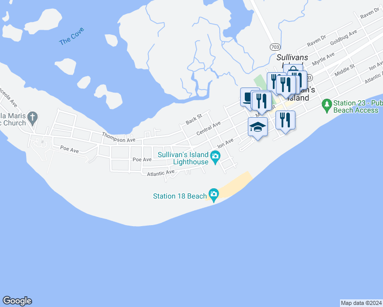 map of restaurants, bars, coffee shops, grocery stores, and more near 1766 Ion Avenue in Sullivan's Island