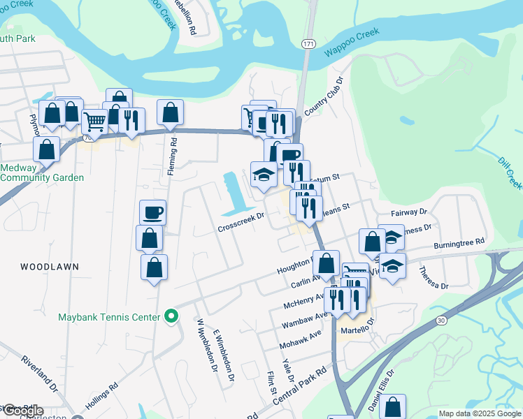 map of restaurants, bars, coffee shops, grocery stores, and more near 26A Crosscreek Drive in Charleston
