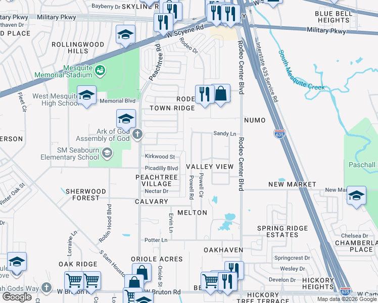 map of restaurants, bars, coffee shops, grocery stores, and more near 903 Powell Road in Mesquite