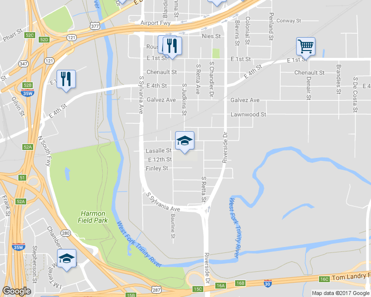 map of restaurants, bars, coffee shops, grocery stores, and more near 2909 Lasalle Street in Fort Worth