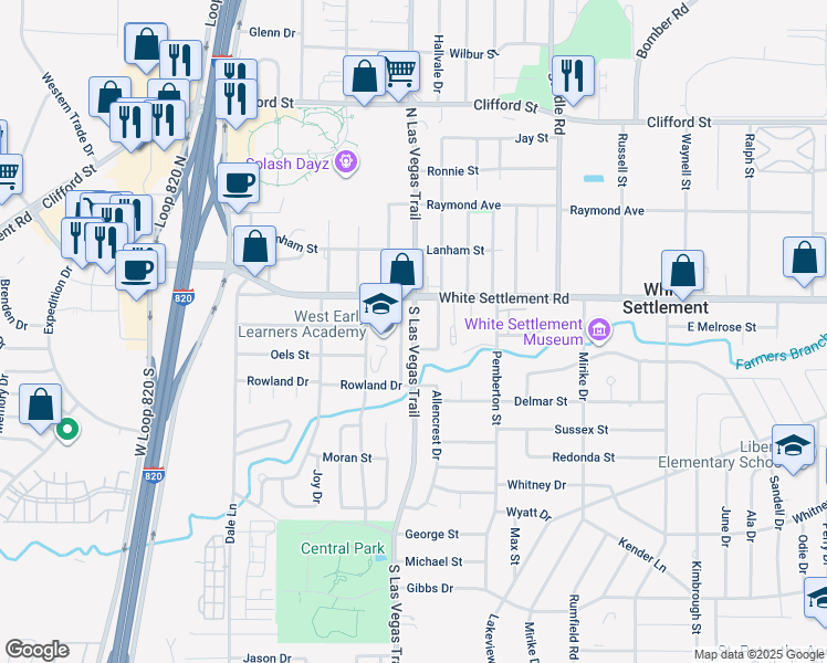map of restaurants, bars, coffee shops, grocery stores, and more near 131 South Las Vegas Trail in Fort Worth