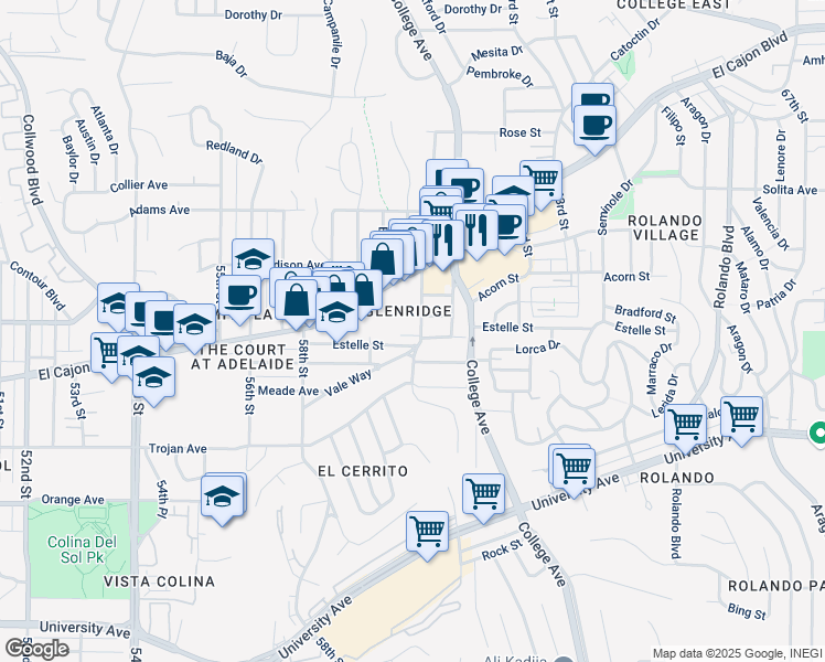 map of restaurants, bars, coffee shops, grocery stores, and more near 5954 Estelle Street in San Diego