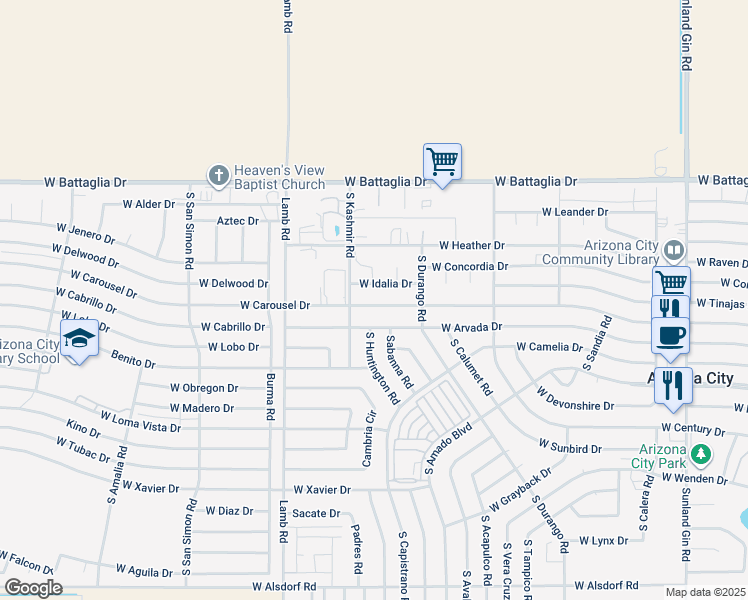 map of restaurants, bars, coffee shops, grocery stores, and more near 10880 West Carousel Drive in Arizona City