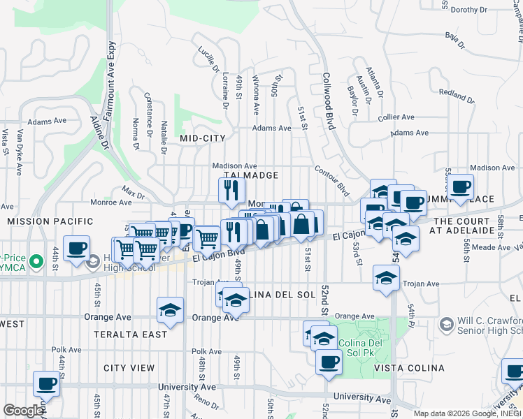 map of restaurants, bars, coffee shops, grocery stores, and more near 4483 Winona Avenue in San Diego