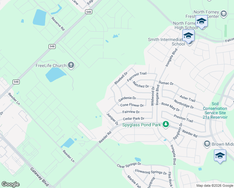 map of restaurants, bars, coffee shops, grocery stores, and more near 2109 Cone Flower Drive in Forney