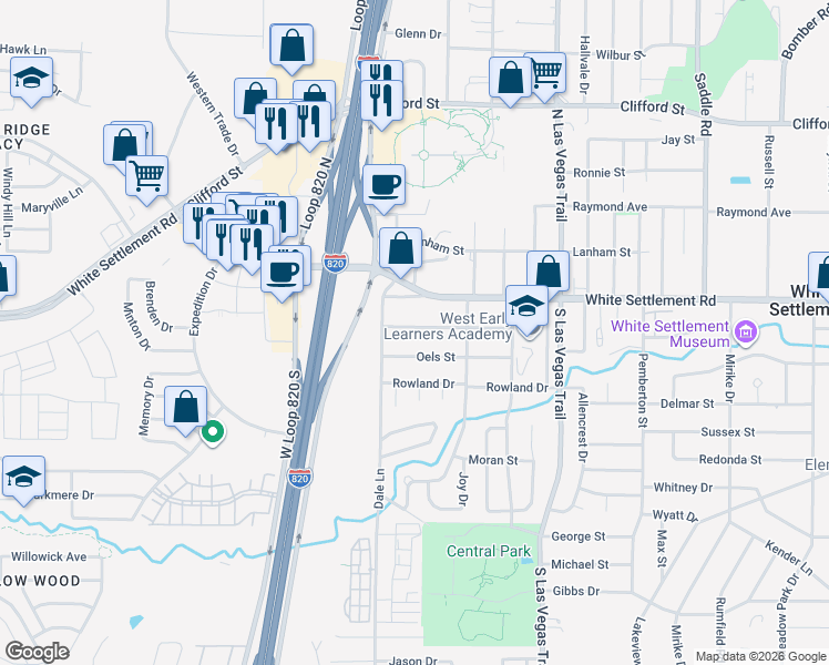 map of restaurants, bars, coffee shops, grocery stores, and more near 9205 Farmers Road in White Settlement