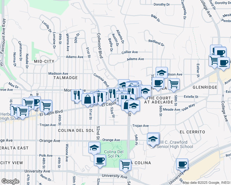 map of restaurants, bars, coffee shops, grocery stores, and more near 5275 Monroe Avenue in San Diego