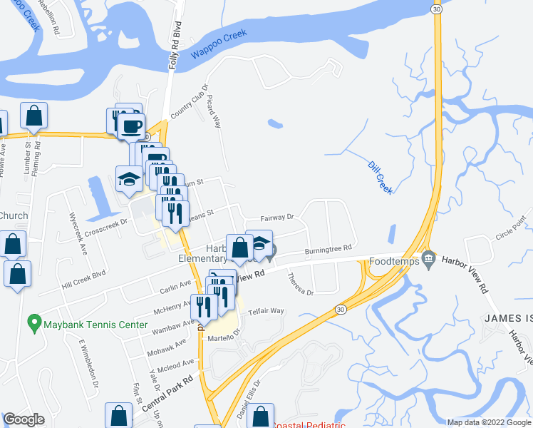 map of restaurants, bars, coffee shops, grocery stores, and more near 1553 Fairway Drive in Charleston