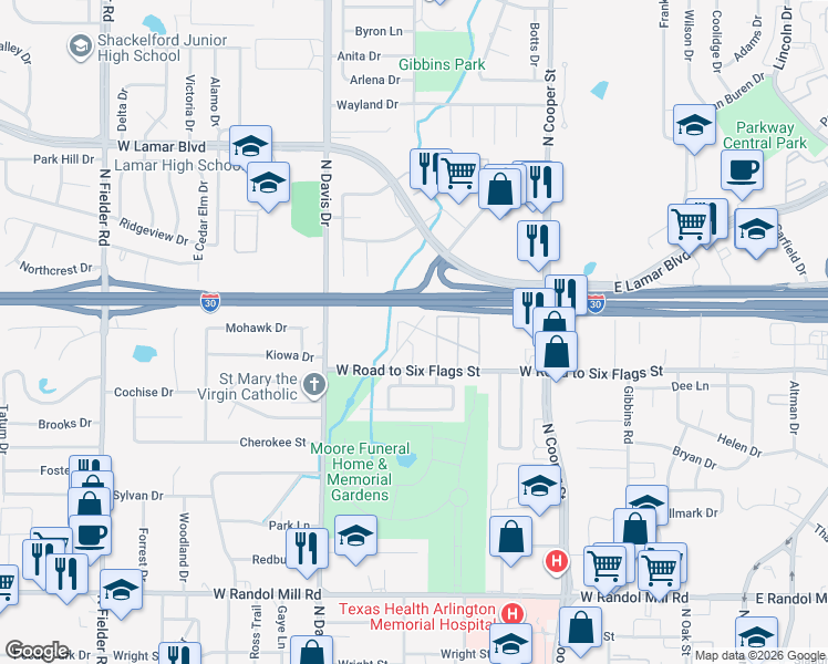 map of restaurants, bars, coffee shops, grocery stores, and more near 903 West Road to Six Flags Street in Arlington