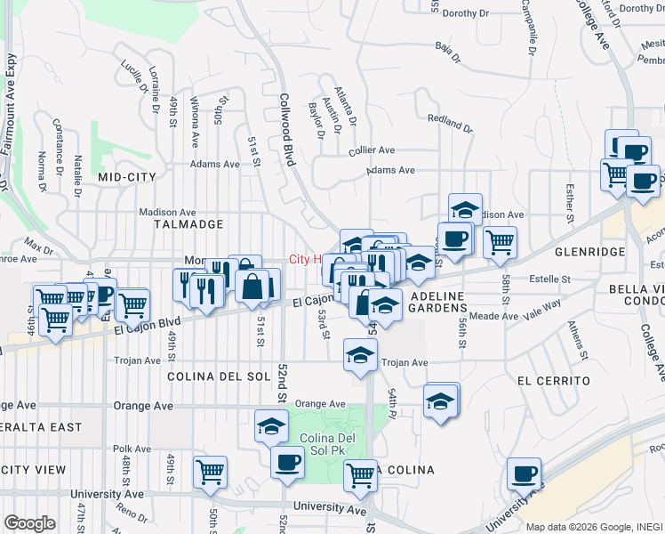 map of restaurants, bars, coffee shops, grocery stores, and more near 5275 Monroe Avenue in San Diego