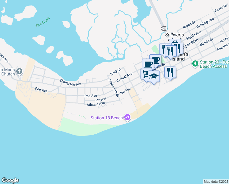 map of restaurants, bars, coffee shops, grocery stores, and more near 1766 Ion Avenue in Sullivan's Island