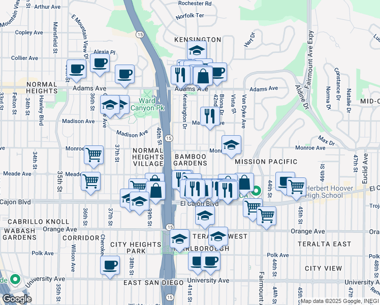 map of restaurants, bars, coffee shops, grocery stores, and more near 4489 41st Street in San Diego