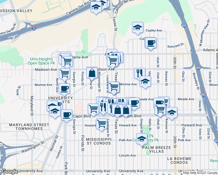 map of restaurants, bars, coffee shops, grocery stores, and more near 4479 Louisiana Street in San Diego
