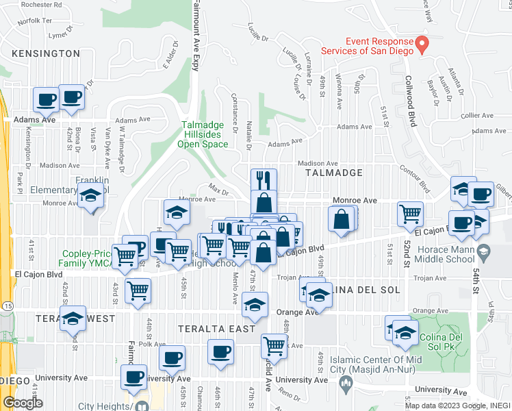 map of restaurants, bars, coffee shops, grocery stores, and more near 4496 47th Street in San Diego