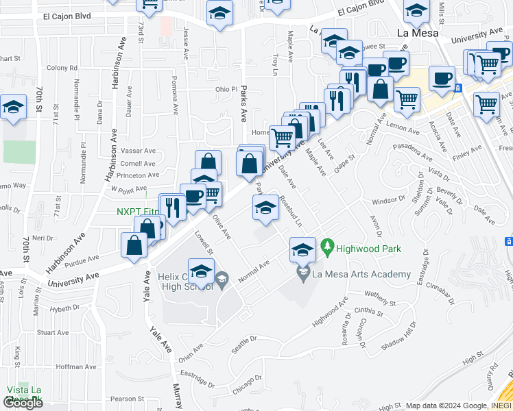 map of restaurants, bars, coffee shops, grocery stores, and more near 4444 Parks Avenue in La Mesa