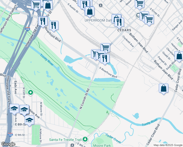 map of restaurants, bars, coffee shops, grocery stores, and more near 103 North Corinth Street Road in Dallas