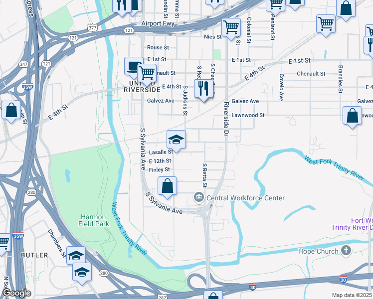 map of restaurants, bars, coffee shops, grocery stores, and more near 2909 Lasalle Street in Fort Worth