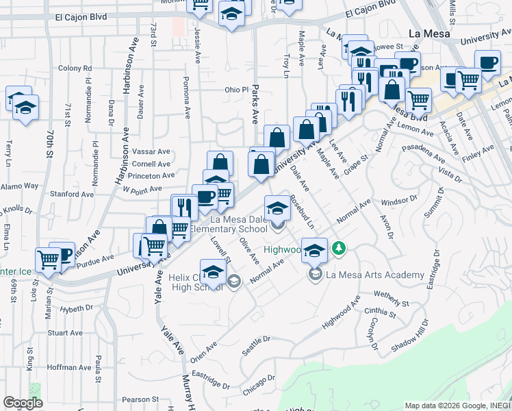 map of restaurants, bars, coffee shops, grocery stores, and more near 7560 Sturgess Avenue in La Mesa