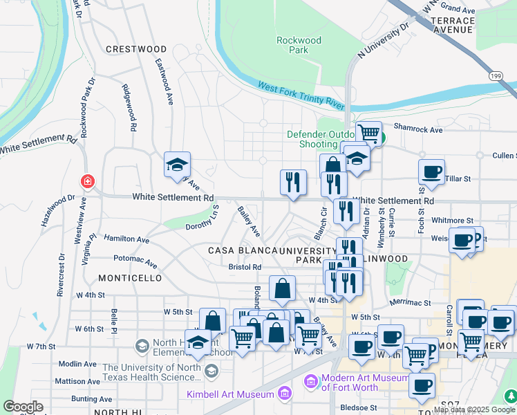 map of restaurants, bars, coffee shops, grocery stores, and more near 104 Boland Street in Fort Worth