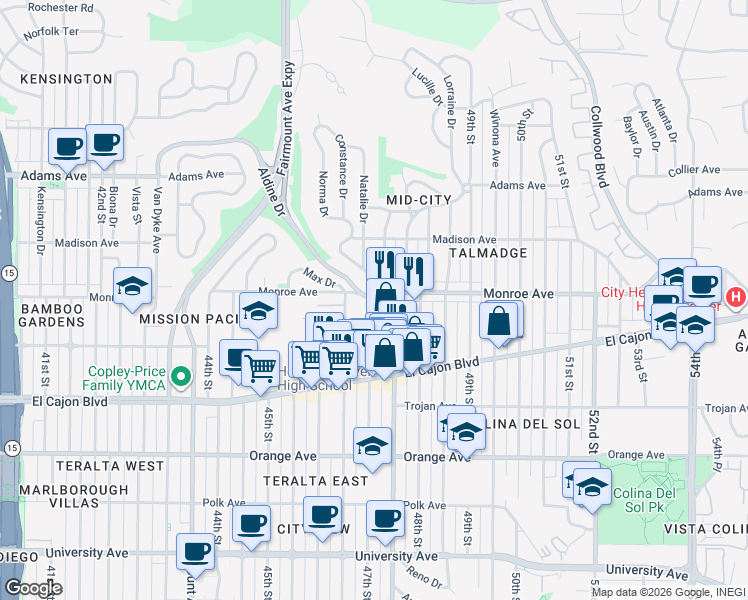 map of restaurants, bars, coffee shops, grocery stores, and more near 4496 47th Street in San Diego