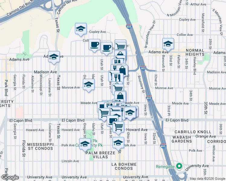 map of restaurants, bars, coffee shops, grocery stores, and more near 4479 Kansas Street in San Diego